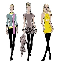 Black and white retro fashion models in sketch Vector Image