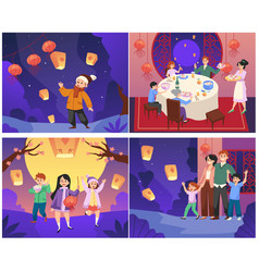 Set Of Scenes With People Celebrating Lantern