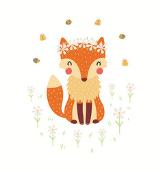 Cute Funny Fox In Daisy Crown Bees Flowers