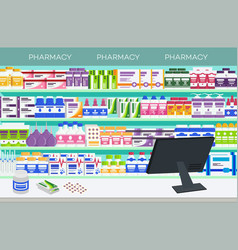 Pharmacy Interior With Counter And Drug On Shelves