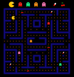 Pacman Game With Ghosts Pill And Cherry Maze