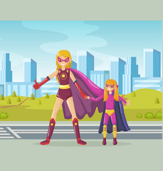 Superheroes Mom Stands Holds Daughter Hand