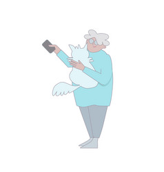 Happy Old Lady With A Dog In Her Arms And Phone