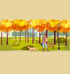 Autumn Park Woman Walks With Dog Yellow Orange