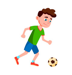 Schoolboy Kid Playing Soccer On Stadium