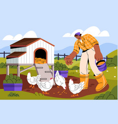 Agriculture Worker Feeding Hens Farmer Scatters