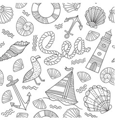 Sea Theme Seamless Pattern In Doodle Boho Style