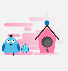 Mom Bird With Little Bird With Pink Birdhouse