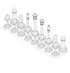 Wireframe Chess Pieces Lined Up In A Row