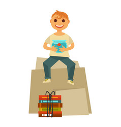 Home Move Happy Boy Child Sitting With Books Packs