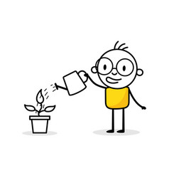 Man Is Watering A Plant With A Watering Can Boy