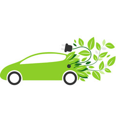 Electric Car With Charging Cable And Green Leaves