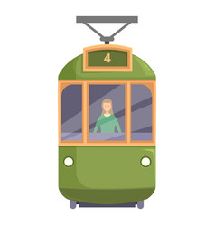 Woman Passenger Riding Modern Green Tramway Train