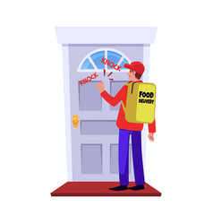 Smiling Food Delivery Man Knocking On Closed Door