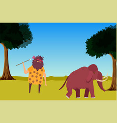 Caveman Hunting A Mammoth With A Spear