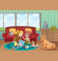 Scene With Three Kids Working At Home