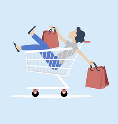 Woman Sitting In Shopping Cart With Bag