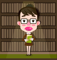 Cartoon Librarian Girl With Glasses And A Book