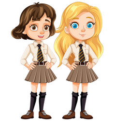 Two Cute Female Friends In School Uniform Cartoon