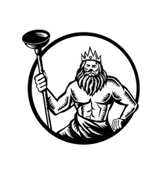 Poseidon Holding Toilet Plunger Circle Woodcut