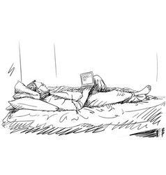 Man Lying In Bed At Home Using Laptop Drawing