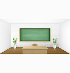 Classroom With Green Blackboard On Wall And Table