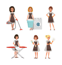 Maid In Uniform With Cleaning Supplies Set