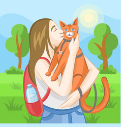 Brown-haired Girl With Ginger Cat In City Park