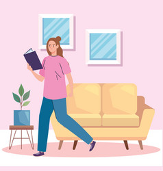 Woman Reading Book In Livingroom