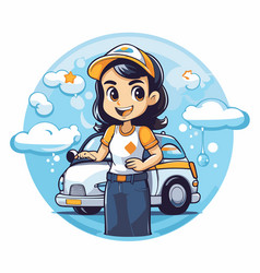 Cleaning Service Woman With Car Cartoon Round