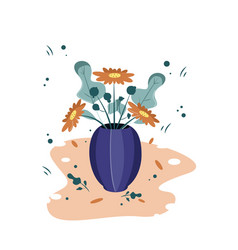 Blue Vase With Orange Flowers And Green Leaves