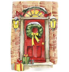 Red Door With Light And Christmas Wreath