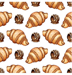 Watercolor Painting Croissant And Chocolate Candy