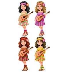 Four Cartoon Girls Playing Ukuleles In Floral