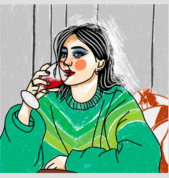 A Girl In Trendy Sweater Drinks Red Wine Bright