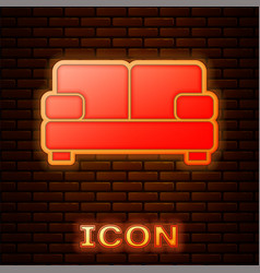 Glowing Neon Sofa Icon Isolated On Brick Wall