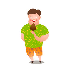 Cute Fat Man In Tropical Shorts Eating Tasty