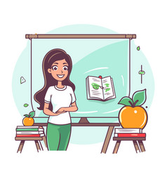 Teacher With Book And Apple In Cartoon Style