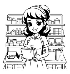 Cute Shop Assistant Cartoon In Black And White