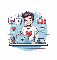 Young Man Working On Laptop At Home In Cartoon