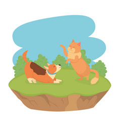 Cute Little Dog And Cat Mascots In Field