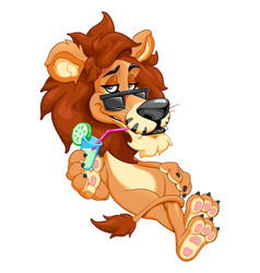 Funny Lion Drinks A Fruit Juice With Sunglasses