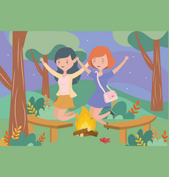 Happy Women Campfire Trees Chairs Landscape