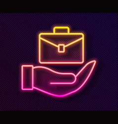 Glowing Neon Line Hand Holding Briefcase Icon