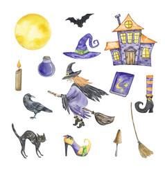 Watercolor Halloween Set Of Witch Moon Crow And