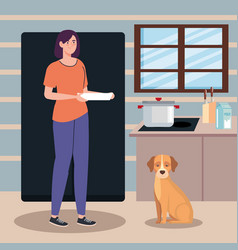 Woman And Dog In Kitchen