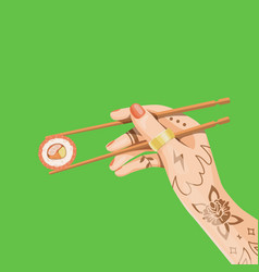 Hands With Tattoos Holding Chopsticks With Sushi