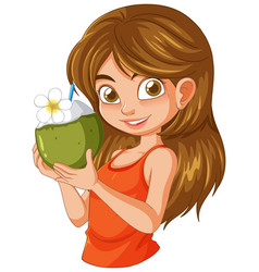 Cheerful Young Girl Holding A Coconut With Straw