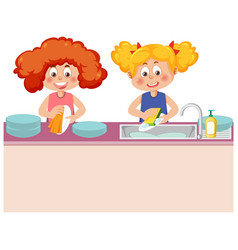 Two Kids Washing Dishes Together