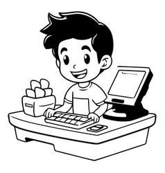 A Boy Using A Computer At Home Cartoon Style